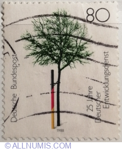 Image #1 of 80 Pfennig 1988 - Tree supported by stake in National colours