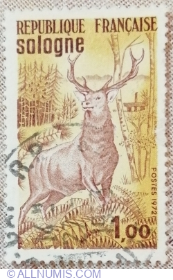 1 Franc 1972 - Red Deer Stag and Forest, Sologne Nature Reserve