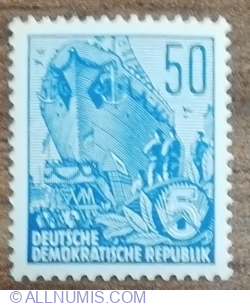Image #1 of 50 Pfennig 1955 - Muncitori pentru planul cincinal - vapor cu aburi