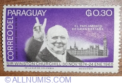 0.30 Guarani 1965 - John F. Kennedy și Winston Churchill - Winston Churchill în fața clădirii Parlamentului, Londra