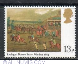 13 Pence 'Racing at Dorsett Ferry, Windsor, 1684' (Francis Barlow)