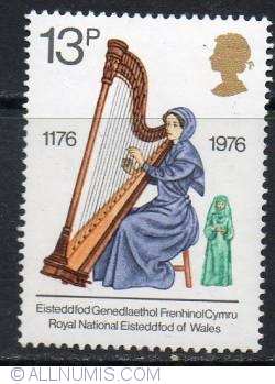 13 Pence Woman playing Welsh harp (telyn), Eisteddfod.