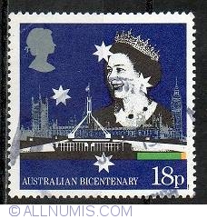 Image #1 of 18 Pence - Queen Elizabeth II with British and Australian Parliament Buildings
