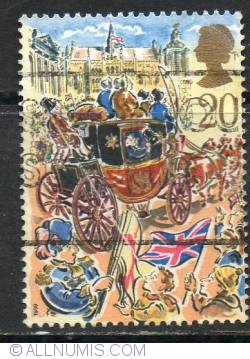 20 Pence - Royal mail coach and The Guildhall.