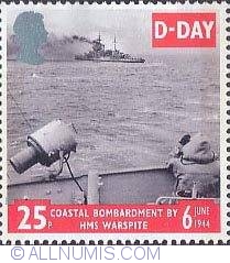 Image #1 of 25 Pence - H.M.S. Warspite (Battleship) shelling Enemy Positions