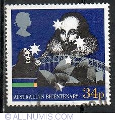 Image #1 of 34 Pence -  Bicentenary of Australian Settlement 34p Stamp (1988) Shakespeare, John Lennon (entertainer) and Sydney Landmarks Shakespeare, John Lennon (entertainer) and Sydney Landmarks