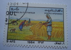 9 Afghani 1984 - Harvesting Wheat, Sheep (Ovis ammon aries)