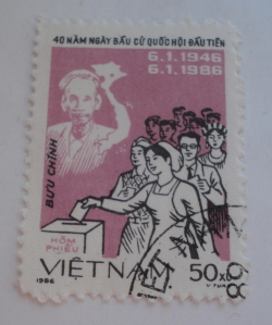 50 xu 1986 - Ho Chi Minh, map, line of voters and ballot-box