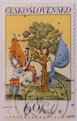 60 Haler 1974 -  Landscape with Pierrot and flags