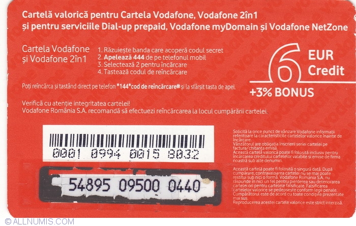 Out Partina City Literature 6 Euro +3% bonus - The value card, Vodafone - Recharge Card - Romania -  Token - 33282
