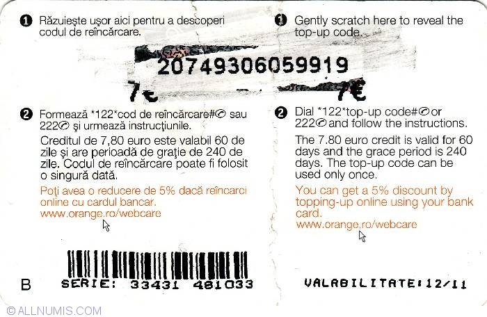 Passive Outward wipe out PrePay -7 euro credit, 0.80 euro bonus, Orange - Recharge Card - Romania -  Token - 21856