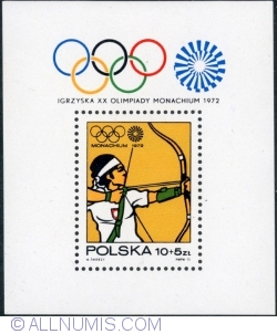 Image #1 of 10 + 5 Złotych 1972 - Archery (Souvenir Sheet)