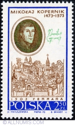 Image #1 of 2,50 Złoty 1970 - N. Copernicus, by Nora Zinck and view of Ferrara