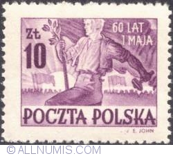 Image #1 of 10 złotych 1950 -  Worker Holding Hammer, Flag and Olive Branch