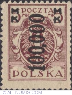 100 000 Marek on 5 Marek 1923 - Eagle on baroque shield (Surcharged)