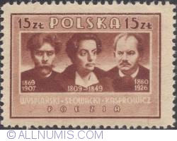 Image #1 of 15 złotych 1947 - Stanisław Wyspiański, Juliusz Słowacki and Jan Kasprowicz.