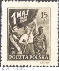 Image #1 of 15 złotych 1950 -  Workers of Three Races with Flag