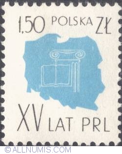 1,50 złotego - Map of Poland and symbol of art and science.
