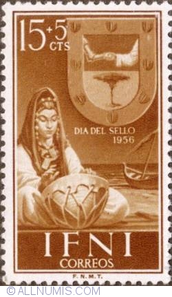 15+5 Centimos 1956 - Arms of Sidi Ifni, boat and woman with drum