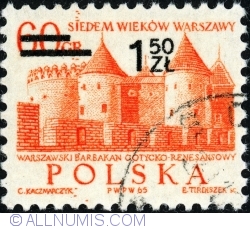 Image #1 of 1,50 Złoty 1972 on 60 Groszy 1965 - Castelul gotic-renascentist Barbican. Surcharged