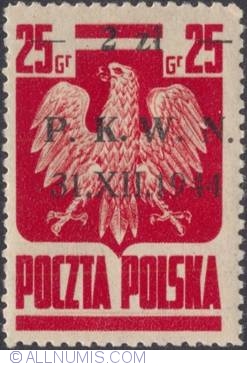 2 Zlote on 25 Groszy 1944 - Polish Eagle (Surcharged) P.K.W.N.