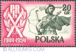 20 groszy 1954 - Soldat, steag si harta