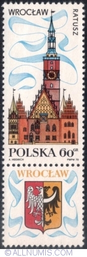 Image #1 of 60 Groszy 1970 - Townhall, Wroclaw. Coat of arms of Wrocław