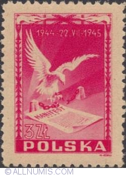 3 zlote 1945 - Eagle Breaking Fetters and Manifesto of Freedom