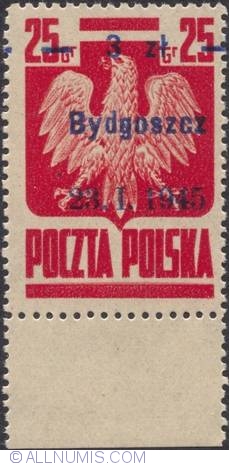 3 Zlote on 25 Groszy 1945 - Polish Eagla (Surcharged) Bydgoszcz