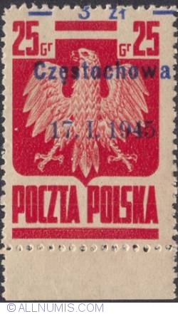 Image #1 of 3 Zlote on 25 Groszy 1945 - Polish Eagla (Surcharged) Częstochowa