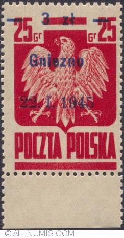Image #1 of 3 Zlote on 25 Groszy 1945 - Polish Eagla (Surcharged) Gniezno