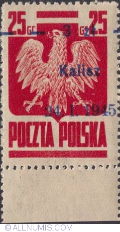 3 Zlote on 25 Groszy 1945 - Polish Eagla (Surcharged) Kalisz