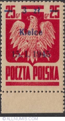 3 Zlote on 25 Groszy 1945 - Polish Eagla (Surcharged) Kielce