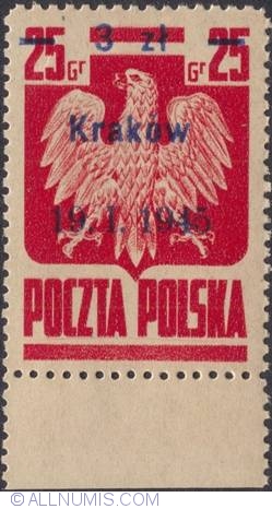 Image #1 of 3 Zlote on 25 Groszy 1945 - Polish Eagla (Surcharged) Krakòw