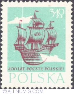 3,40 złotego - Medieval galleon and modern ships.