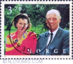 Image #1 of 3,70 Kroner 1997 - King Harald,Queen Sonja, 60th Birthdays  Norway postage stamp