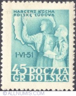 Image #1 of 45 groszy 1951 - 2 girls pioneers and map of Poland