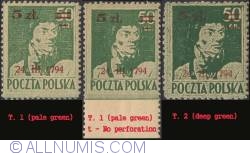 Image #1 of 5 Zlotych on 50 Groszy 1945 - Tadeusz Kosciuszko Surcharged in red
