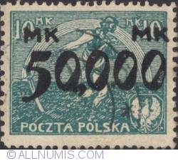 50 000 Marek on 10 Marek 1923 - Sowing man (Surcharged)