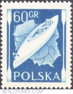 60 groszy 1956 - Map of Poland and canoe.