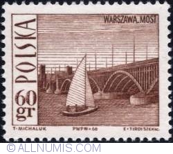 60 groszy1966 - Poniatowski Bridge, Warsaw, and sailboat.