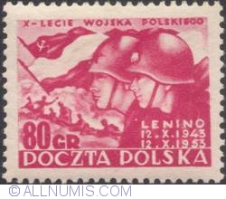 80 groszy 1953 -  Battle Scene, Polish and Soviet Flags