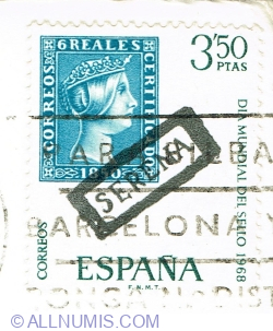 Image #1 of 3.50 Pesetas 1968 - World Stamp Day - Stamp of Isabel II