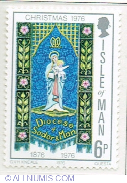 Image #1 of 6 Pence 1976 - Virgin and Child on embroidered church banner, Onchan banner