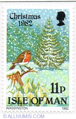 11 Pence 1982 - European Robin (Erithacus rubecula) in Winter Landscape