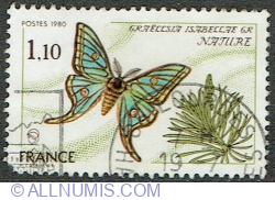 Image #1 of 1.10 Franc 1980 - Spanish Moon Moth (Graellsia isabellae)