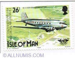 26 Pence 1984 - DC-3 over Ronaldsway Airport