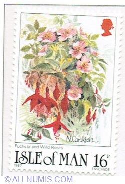 16 Pence 1987 - Fuchsia (Guchsia magellanica), Wild Roses (Rosa canina)