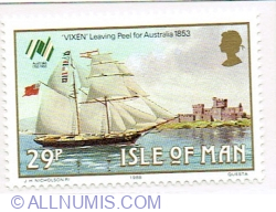 29 Pence 1988 - "Vixen" (topsail schooner) leaving Peel for Australia, 1853