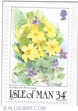 34 Pence 1987 - Violets (Viola riviniana). Primroses (Primula vulgaris)